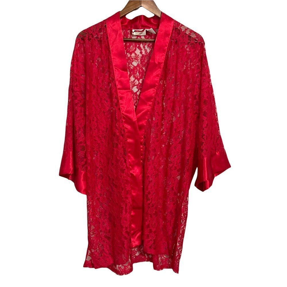 Victoria's Secret Gold Label Women's Red Lace Satin Trim Half Sleeve Robe OS